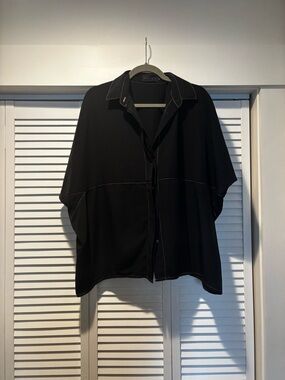 HATCH Black Oversized Button-Up Top with Contrast Stitching